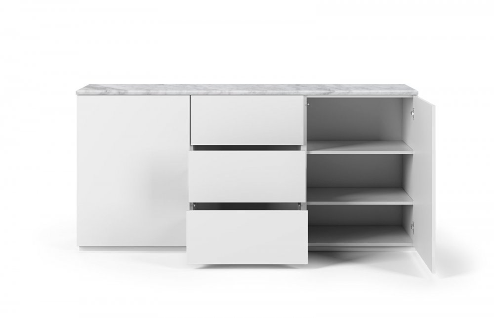 Buffet WHITY 2 blanc mat 180cm 2 portes/3 tiroirs Plateau en Marbre blanc